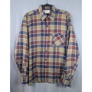 Vintage Cambridge Gold Checkered Wave Geometric Red Blue Tan Button Up Shirt L